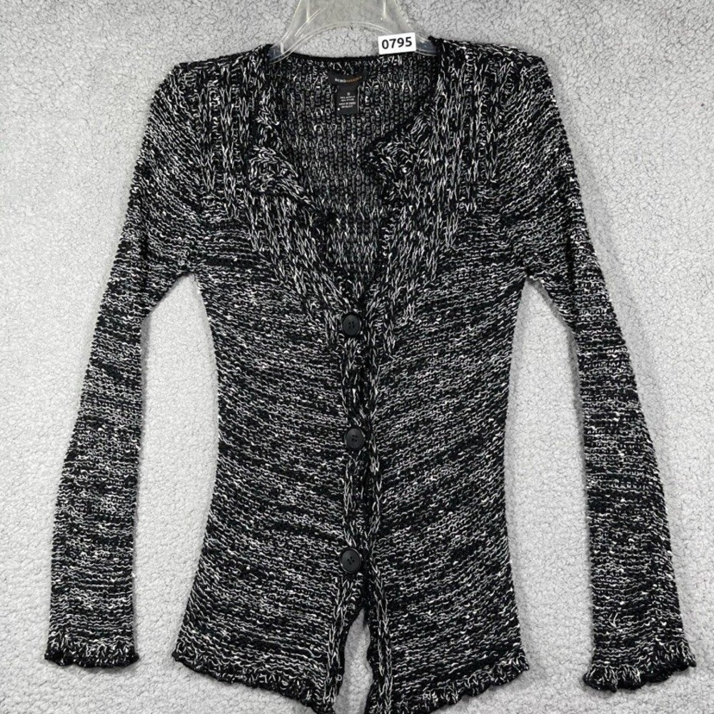 BCBG MAXAZRIA Cardigan Womens Small Black White Knit Button Up Sweater 000795